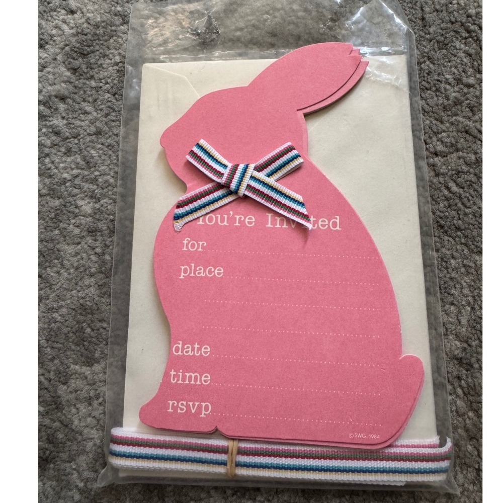 Vintage‎ 1984 SWG Pink Bunny Rabbit Party Invitations Set with Envelopes Ribbon